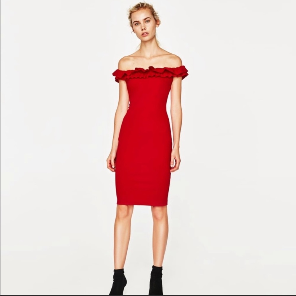 Red Zara off the shoulder dress